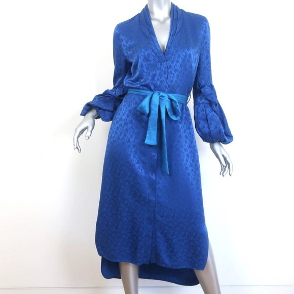 HELLESSY RUFFLE SLEEVE MIDI DRESS HELGA COBALT FLORAL SATIN JACQUARD SIZE 4 - Picture 1 of 9